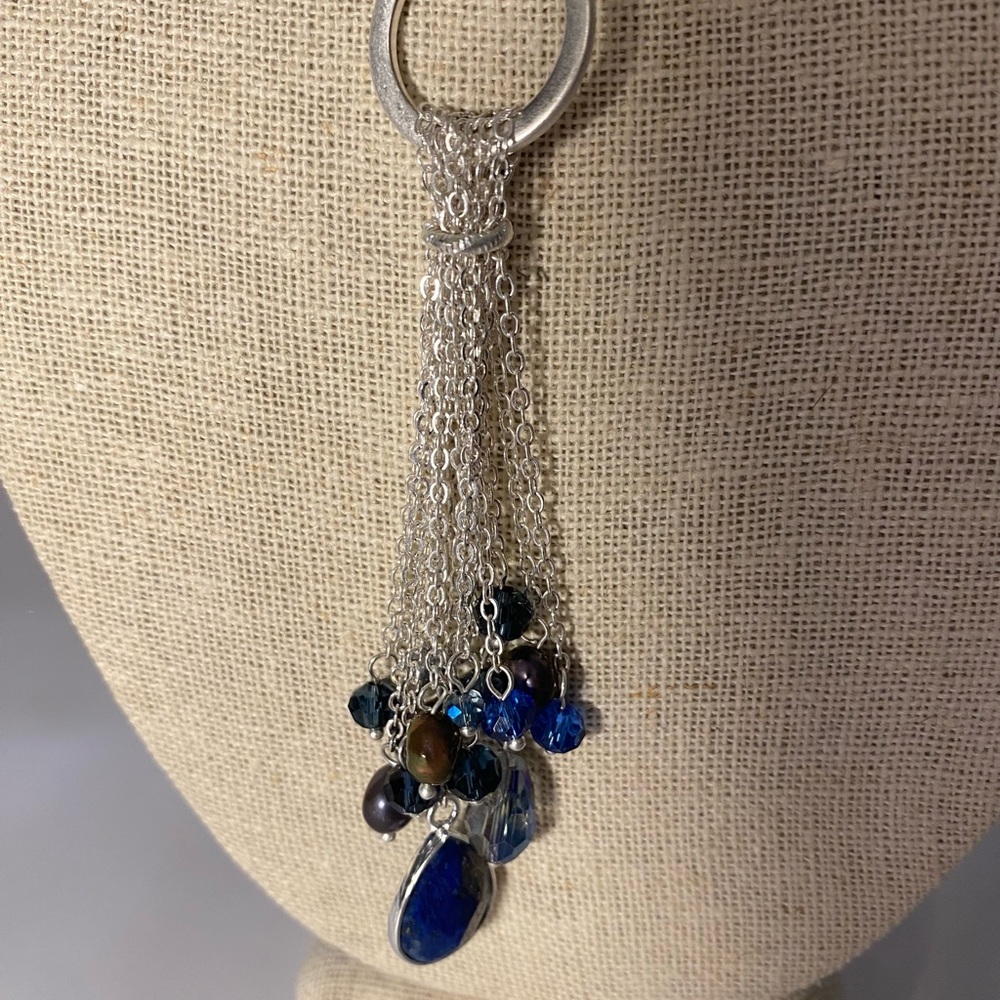 Silver Tassel Necklace with Blue Gemstone Accents, 17”